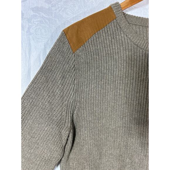 J Crew Sweater Lrg Tan Cotton Ribbed Faux Suede Shoulder Patch Woodsman Comando - Picture 4 of 10